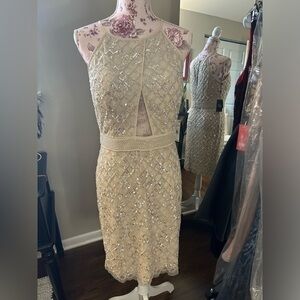 💖Aidan Mattox Champagne Beaded Halter Cocktail Party Holiday New Year Dress 10